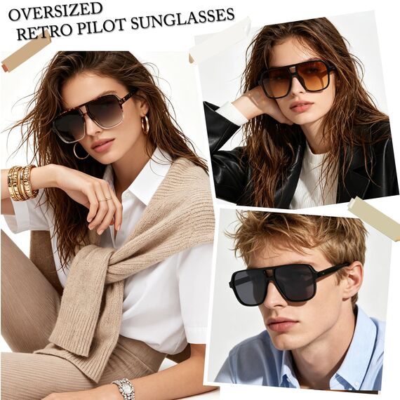 Long Keeper Retro Pilot Sonnenbrille Pilotenbrille Herren Damen Quadratisch Sonnenbrille Groß 70er Klassisch Eckige Pilot Retro Brille UV400 (Grün/Farbverlauf Rosa+Leopard/Farbverlauf Braun)