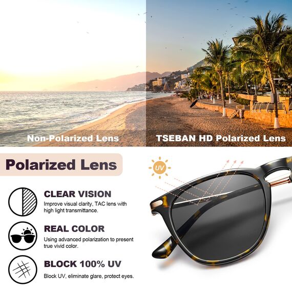 TSEBAN Vintage Damen Sonnenbrille Polarisierte Frauen Brille, Acetat-Rahmen & UV 400 Schutz,Schildpatt,Einheitsgröße