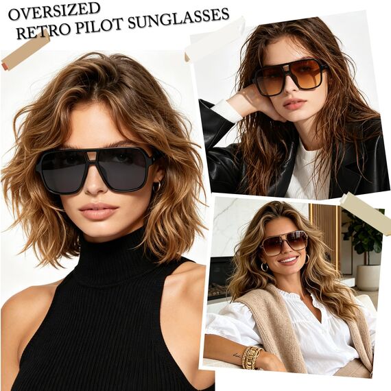 Long Keeper Retro Pilot Sonnenbrille Pilotenbrille Herren Damen Quadratisch Sonnenbrille Groß 70er Klassisch Eckige Pilot Retro Brille UV400 (Schwarz/Dunkelgrau+Schwarz/Orange)