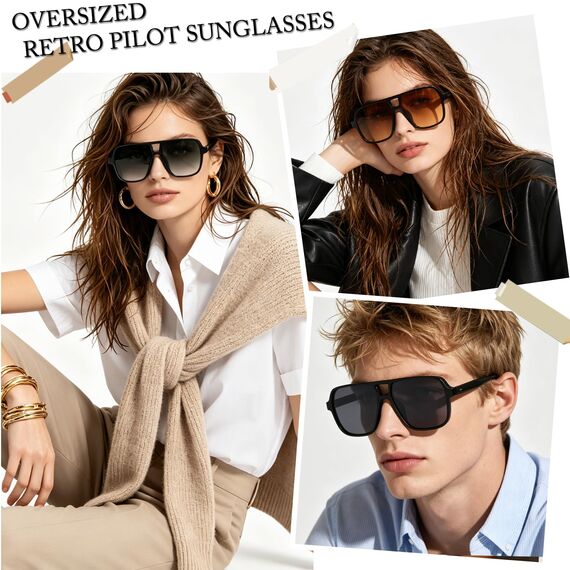Long Keeper Retro Pilot Sonnenbrille Pilotenbrille Herren Damen Quadratisch Sonnenbrille Groß 70er Klassisch Eckige Pilot Retro Brille UV400 (Weiß Rahmen - Farbverlauf Grau Linse)