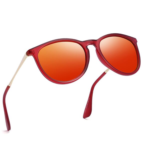 kunchu Sonnenbrille-Damen-Polarisierte-Sonnenbrille-Rund-UV400-im-Retro-Sonnenbrille-für-Damen & Herren Schutz Vintage Orangenscheiben mit rotem Rahmen