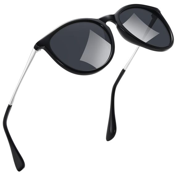 kunchu Sonnenbrille-Damen-Polarisierte-Sonnenbrille-Rund-UV400-im-Retro-Sonnenbrille-für-Damen & Herren Schutz Vintage Schwarzer Rahmen grauer Chip