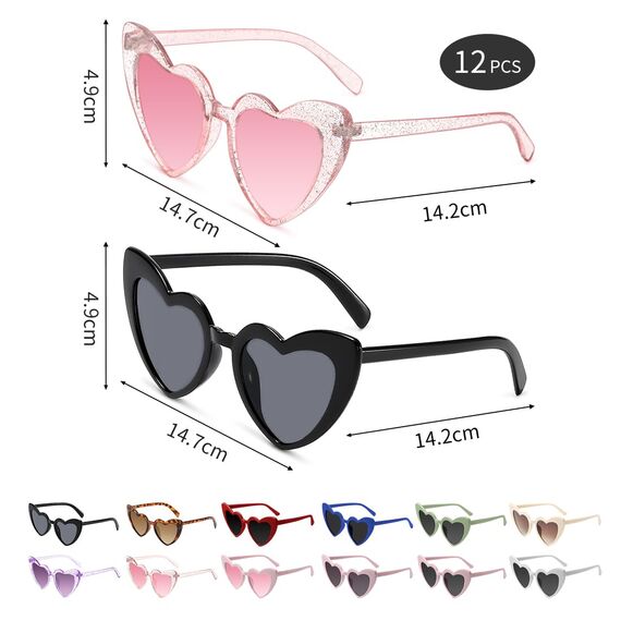 Epokus Herz Sonnenbrille Farbe,Herzform Brille,12 Stück Herzsonnenbrillen Set,70er Jahre Herzchen Party Brillen,Mode Hippie Brill für Urlaub, Party, Hochzeit, Karneval,Fotoshooting
