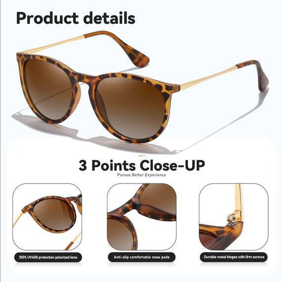 kunchu Sonnenbrille-Damen-Polarisierte-Sonnenbrille-Rund-UV400-im-Retro-Sonnenbrille-für-Damen & Herren Schutz Vintage Schwarzes gerahmtes blaues Blatt