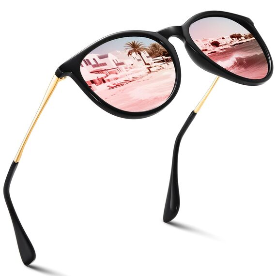 kunchu Sonnenbrille-Damen-Polarisierte-Sonnenbrille-Rund-UV400-im-Retro-Sonnenbrille-für-Damen & Herren Schutz Vintage Schwarzpulver