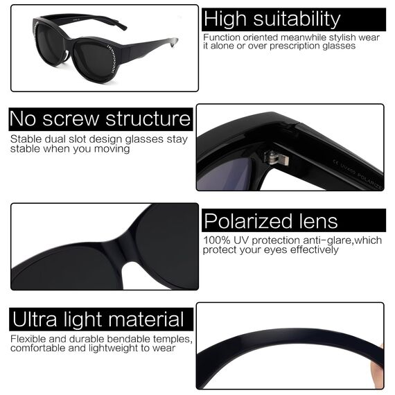 Face Shadow Polarisiert Überzieh Sonnenbrille über Normale Brille Damen UV400 Schutz, Übergroß Überbrille für Brillenträger, Ultra Leicht für Fahren, Radfahren, Sport und Freizeit