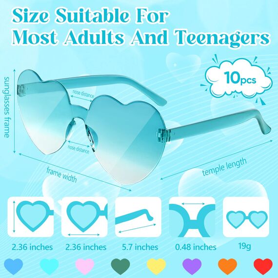 NACHLYNN 10 Paar Herz Sonnenbrille Mehrfarbig Mit Farbverlauf Farben Randlose Herzförmige Sonnenbrille für Damen Transparente Bonbonfarbene Herzbrille für Valentinstag Partygeschenke