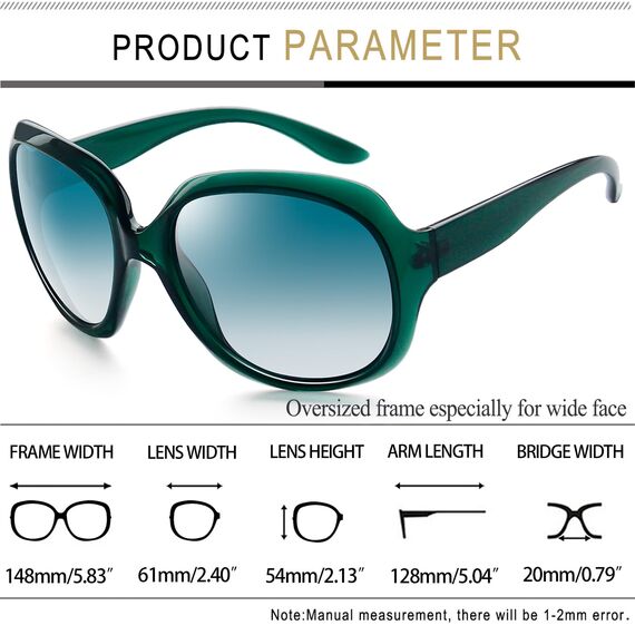 Joopin Übergroße Polarisierte Sonnenbrille Damen XXL Klassische Große Sonnenbrille Vintage UV400 Mode Women Sunglasses für Fahren und Reisen (Mode Voll Grün)