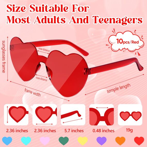 NACHLYNN 10 Paar Herz Sonnenbrille Rot Farben Randlose Herzförmige Sonnenbrille für Damen Transparente Bonbonfarbene Herzbrille für Valentinstag Partygeschenke