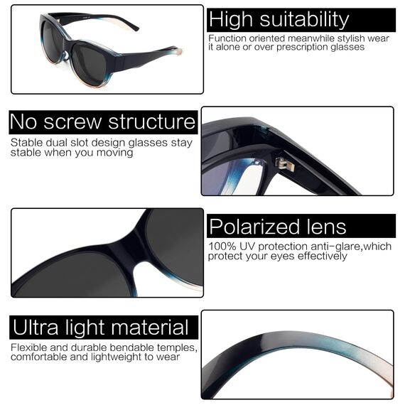 Face Shadow Polarisiert Überzieh Sonnenbrille über Normale Brille Damen UV400 Schutz, Übergroß Überbrille für Brillenträger, Ultra Leicht für Fahren, Radfahren, Sport und Freizeit