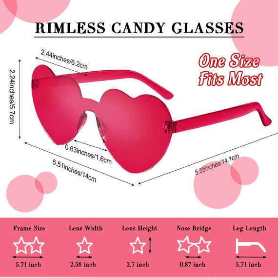 CHRORINE 8/16/24 Paar herzförmige Sonnenbrillen randlos Herz Glasse Transparent Bonbonfarben für Gastgeschenke (24, Mehrere Farben)