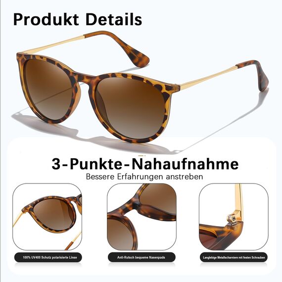 kunchu Sonnenbrille-Damen-Polarisierte-Sonnenbrille-Rund-UV400-im-Retro-Sonnenbrille-für-Damen & Herren Schutz Vintage Hellrosa Tee