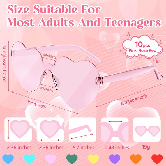 NACHLYNN 10 Paar Herz Sonnenbrille Rosa Rosenrot Farben Randlose Herzförmige Sonnenbrille für Damen Transparente Bonbonfarbene Herzbrille für Valentinstag Partygeschenke