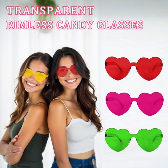 CHRORINE 8/16/24 Paar herzförmige Sonnenbrillen randlos Herz Glasse Transparent Bonbonfarben für Gastgeschenke (24, Mehrere Farben)
