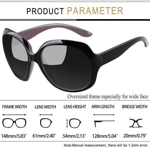 Joopin Übergroße Sonnenbrille Damen Polarisiert XL Moderne und Dunkle Damen Sonnenbrille Große UV400 Trendy für Fahren Angeln und Reisen (Mode Schwarz Violett)