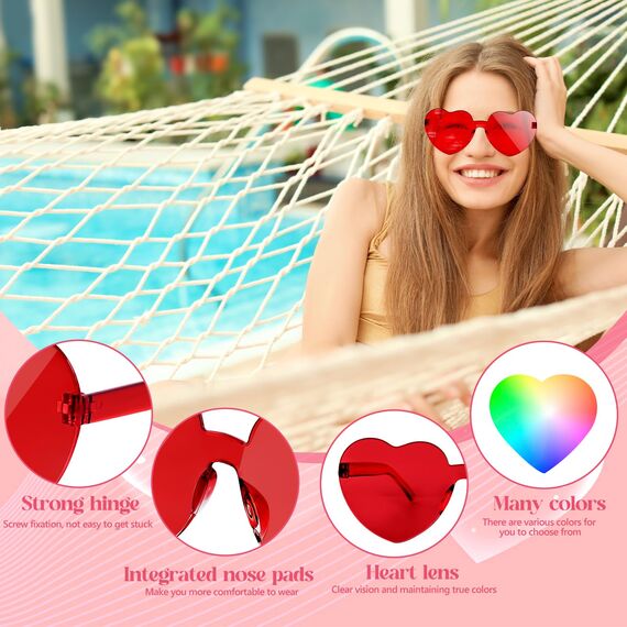 NACHLYNN 10 Paar Herz Sonnenbrille Mehrfarbig Farben Randlose Herzförmige Sonnenbrille für Damen Transparente Bonbonfarbene Herzbrille für Valentinstag Partygeschenke