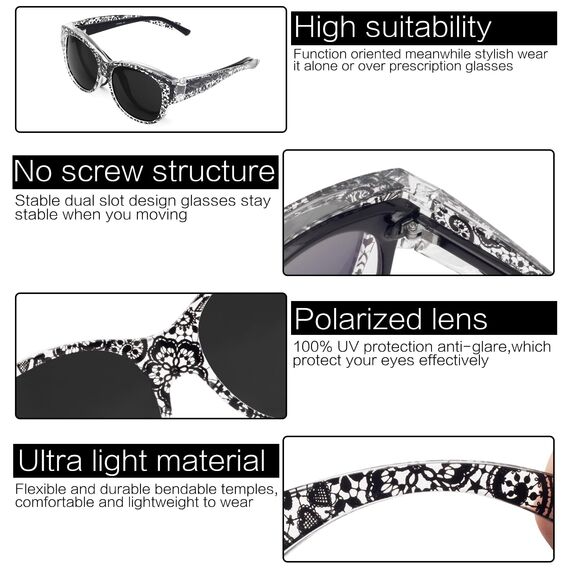 Face Shadow Polarisiert Überzieh Sonnenbrille über Normale Brille Damen UV400 Schutz, Übergroß Überbrille für Brillenträger, Ultra Leicht für Fahren, Radfahren, Sport und Freizeit