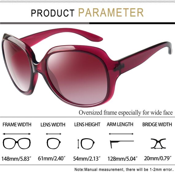 Joopin XXL Polarisierte Sonnenbrille Damen Große Rosa und Klassisch Übergroße Damen Sonnenbrille Schwarz Oversized Trendy UV400 für Fahren und Reisen (Schwarz und Rosenrot)
