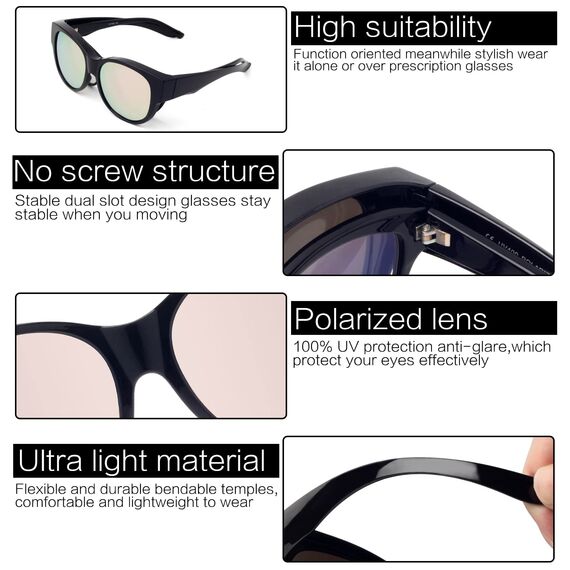 Face Shadow Polarisierte Überzieh Sonnenbrille Damen UV-Schutz Überbrille Sonnenbrille für brillenträger Ultra Leicht Fit-Over Brille, L