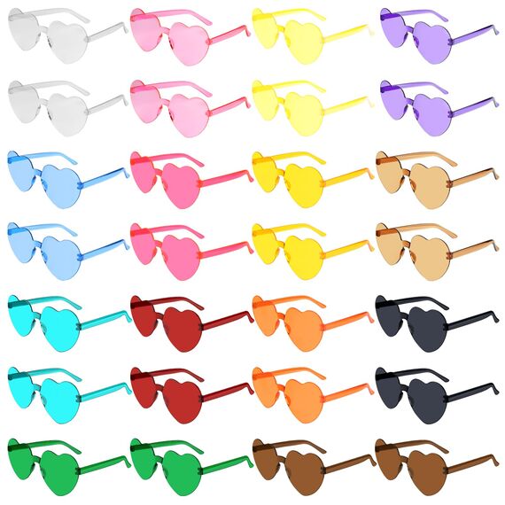 BOUBONI 28 Stück Herz Sonnenbrille für Damen Randlose Herzbrille Transparente Bonbonfarbene Herzchen Sonnenbrille für Partygeschenke (14 Farben)