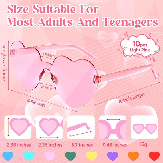 NACHLYNN 10 Paar Herz Sonnenbrille Mehrfarbig Farben Randlose Herzförmige Sonnenbrille für Damen Transparente Bonbonfarbene Herzbrille für Valentinstag Partygeschenke