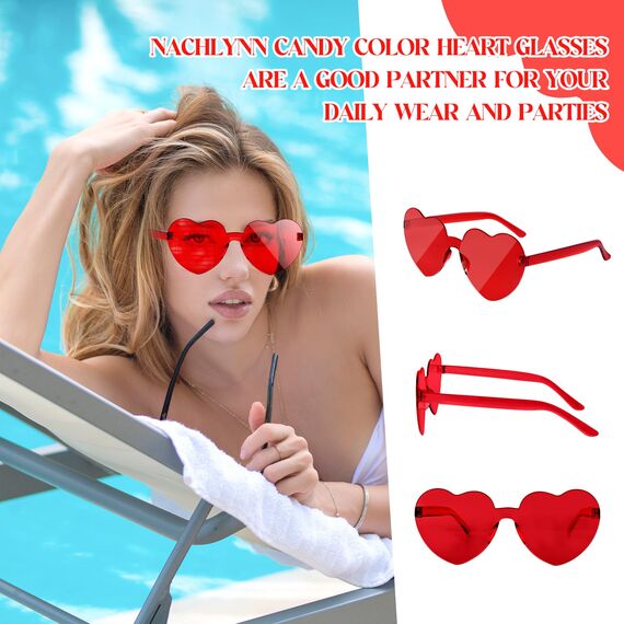 NACHLYNN 10 Paar Herz Sonnenbrille Rot Farben Randlose Herzförmige Sonnenbrille für Damen Transparente Bonbonfarbene Herzbrille für Valentinstag Partygeschenke