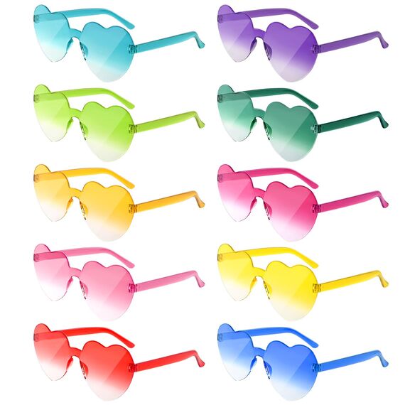 NACHLYNN 10 Paar Herz Sonnenbrille Mehrfarbig Mit Farbverlauf Farben Randlose Herzförmige Sonnenbrille für Damen Transparente Bonbonfarbene Herzbrille für Valentinstag Partygeschenke
