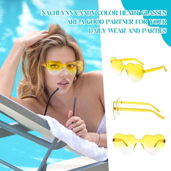 NACHLYNN 10 Paar Herz Sonnenbrille Mehrfarbig Mit Farbverlauf Farben Randlose Herzförmige Sonnenbrille für Damen Transparente Bonbonfarbene Herzbrille für Valentinstag Partygeschenke