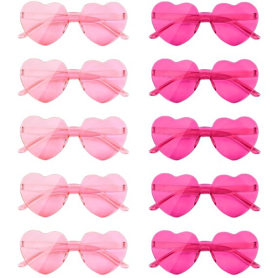 NACHLYNN 10 Paar Herz Sonnenbrille Rosa Rosenrot Farben Randlose Herzförmige Sonnenbrille für Damen Transparente Bonbonfarbene Herzbrille für Valentinstag Partygeschenke
