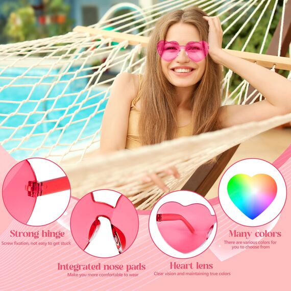 NACHLYNN 10 Paar Herz Sonnenbrille Rosa Serie Farben Randlose Herzförmige Sonnenbrille für Damen Transparente Bonbonfarbene Herzbrille für Valentinstag Partygeschenke