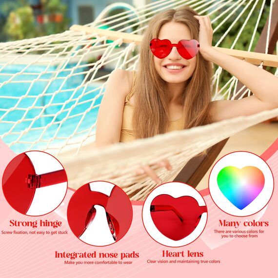 NACHLYNN 10 Paar Herz Sonnenbrille Rot Farben Randlose Herzförmige Sonnenbrille für Damen Transparente Bonbonfarbene Herzbrille für Valentinstag Partygeschenke