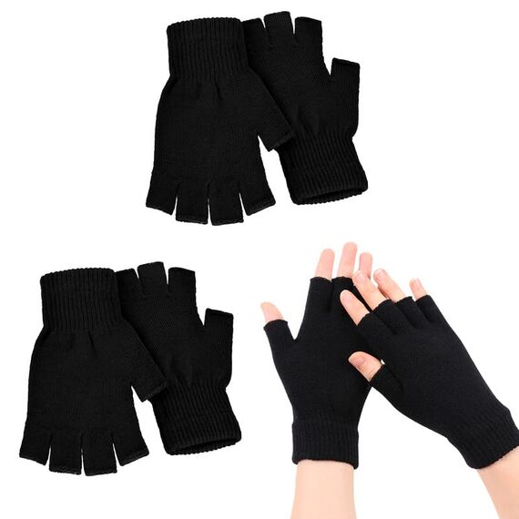 Scettar 2 Paar fingerlose Handschuhe, gestrickte warme Winterhandschuhe, Halbfingerhandschuhe für Kinder und Erwachsene (Schwarz)