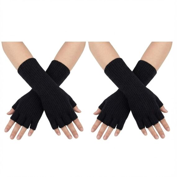 Pangda 2 Paar Unisex Fingerlose Handschuhe - Half Finger Dehnbar Strick Verlängern Handgelenk Winter Warme Handschuhe (Schwarz)