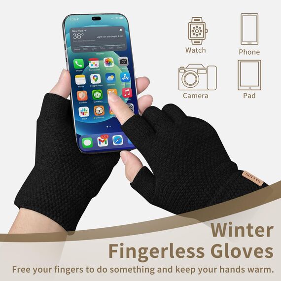 SUTIYO Fingerlose Handschuhe Herren Damen, Kaschmir Strick Handschuhe Warme Ohne Finger, Fingerless Gloves Winterhandschuhe Arbeits Autofahren Radfahren Sport (Schwarz)