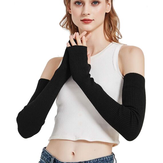 Novawo Frauen Winter Armstulpen Halbhandschuhe gestrickt lange fingerlose Handschuhe