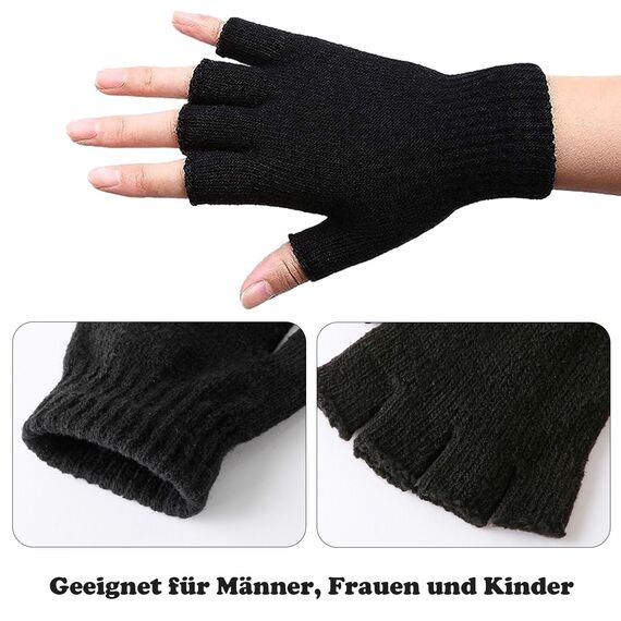 EUDUQ 2 Paar Fingerlose Handschuhe,Herbst Winter Fingerlose Fäustlinge,Acrylic Halbfingerhandschuhe,Universalgröße Fingerless Gloves für Kinder Herren Damen Schwarz