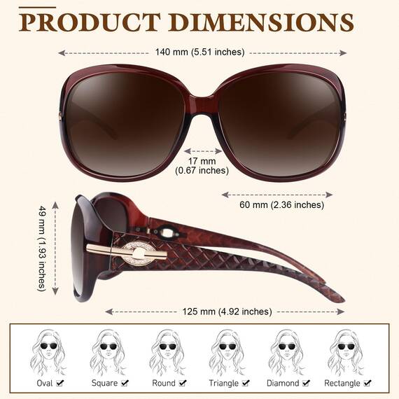 Sunier Sonnenbrille Damen Polarisiert Groß Übergroße Elegant Klassische Vintage Oversize Sonnenbrille Frauen mit 100% UV400 Schutz
