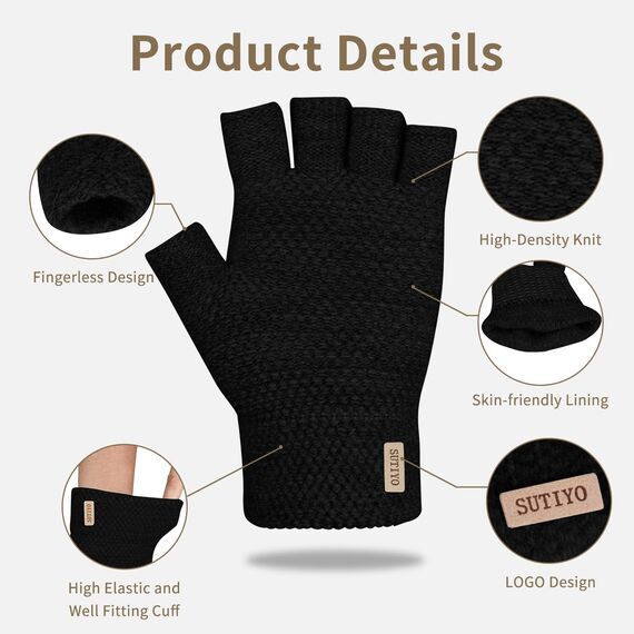 SUTIYO Fingerlose Handschuhe Herren Damen, Kaschmir Strick Handschuhe Warme Ohne Finger, Fingerless Gloves Winterhandschuhe Arbeits Autofahren Radfahren Sport (Schwarz)