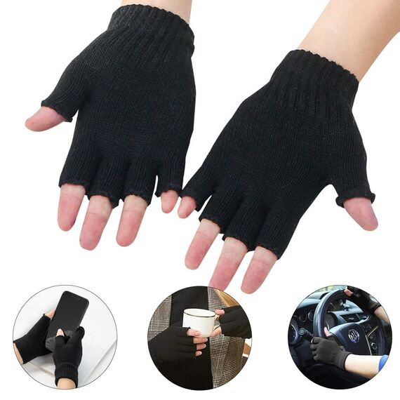 EUDUQ 2 Paar Fingerlose Handschuhe,Herbst Winter Fingerlose Fäustlinge,Acrylic Halbfingerhandschuhe,Universalgröße Fingerless Gloves für Kinder Herren Damen Schwarz