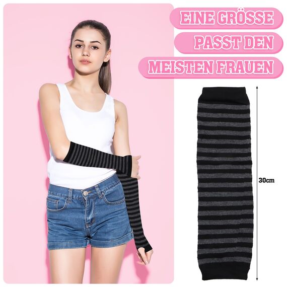 Scettar 4 Paare Damen Lange Fingerlose Handschuhe ，Gestreift Stricken Armwärmer für Frauen, Y2k Streifen Fingerlose Armstulpen Handschuhe für Herbst Winter