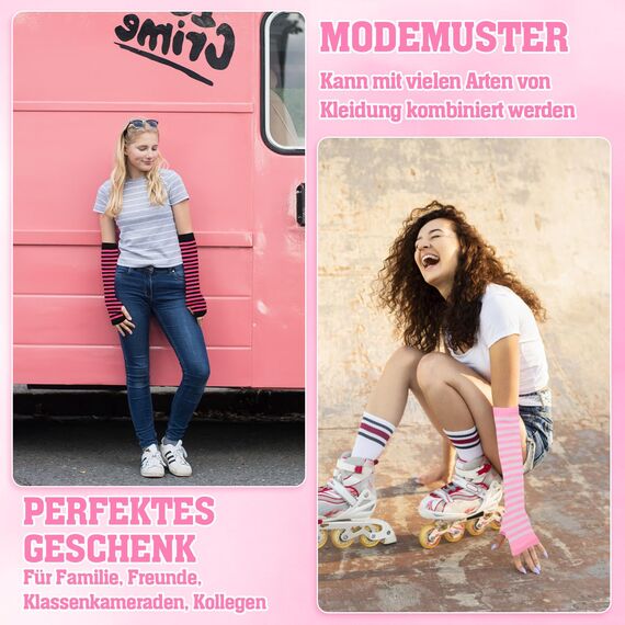 Scettar 4 Paare Damen Lange Fingerlose Handschuhe ，Gestreift Stricken Armwärmer für Frauen, Y2k Streifen Fingerlose Armstulpen Handschuhe für Herbst Winter