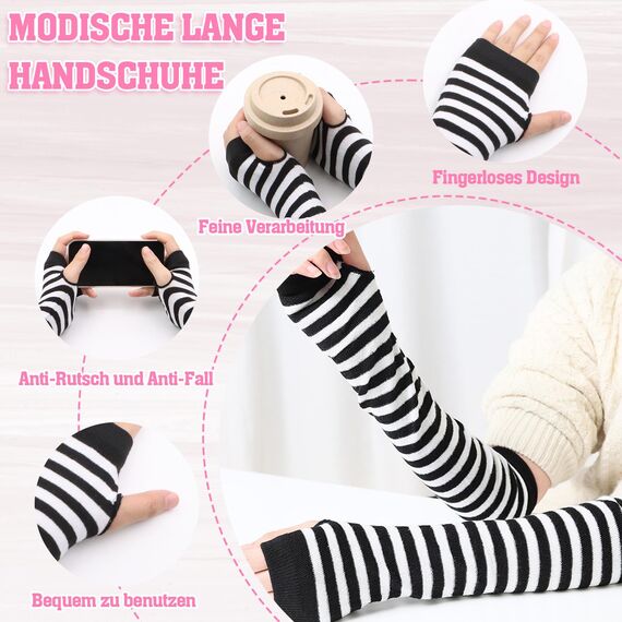 Scettar 4 Paare Damen Lange Fingerlose Handschuhe ，Gestreift Stricken Armwärmer für Frauen, Y2k Streifen Fingerlose Armstulpen Handschuhe für Herbst Winter