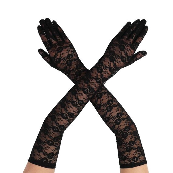 Lusofie Schwarze Spitze Handschuhe Lang für Damen Elegant Tee Party Lang Spitzenhandschuhe Schwarz 1920er Jahre Verlobungskleid Party Tanz Oper Halloween Schwarz Handschuhe für Damen