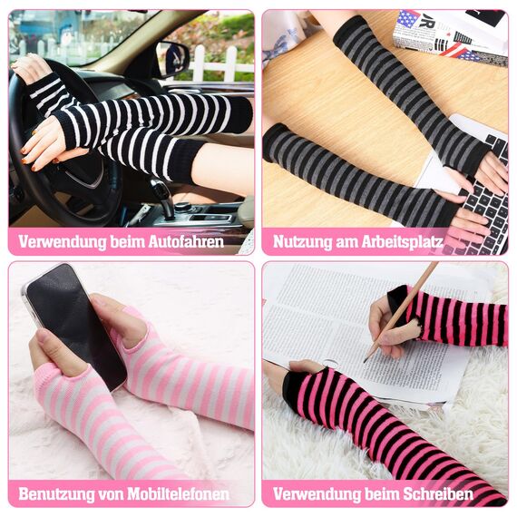 Scettar 4 Paare Damen Lange Fingerlose Handschuhe ，Gestreift Stricken Armwärmer für Frauen, Y2k Streifen Fingerlose Armstulpen Handschuhe für Herbst Winter