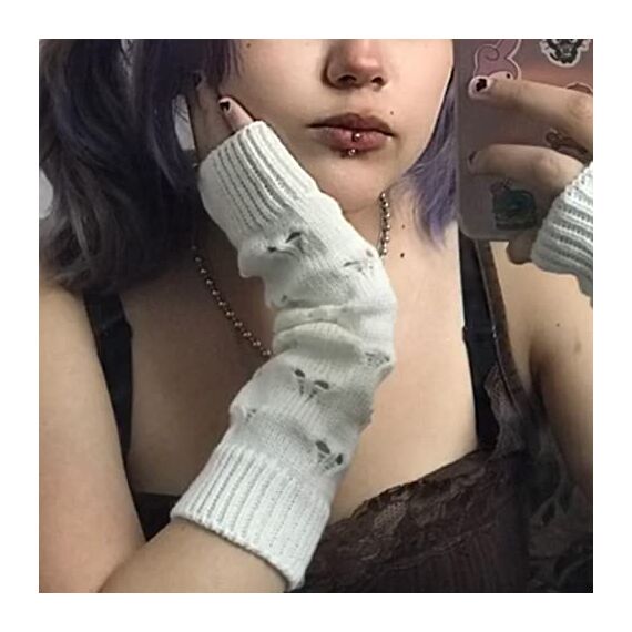 Fairy Grunge Zubehör: Zerrissene und gehäkelte Handschuhe - Grunge-Ästhetik, Weiß, M