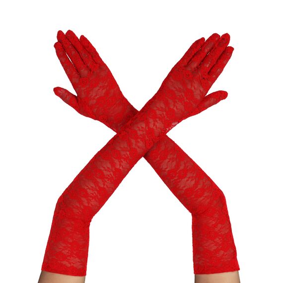 Lusofie Spitzenhandschuhe Lang Spitze für Damen Elegant Rot Tee Party Handschuhe Rot 1920er Jahre Verlobungskleid Party Tanz Oper Halloween Rote Handschuhe für Damen