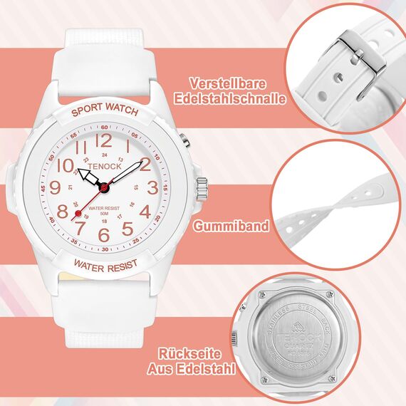 TENOCK Armbanduhr Wasserdicht Damen,Armbanduhr Analog,Herren Analoge Quarz Uhr,5 ATM Wasserdicht Damenuhr Nachtlicht für Modischer Casual-Matching oder Sportliche Aktivität(Weiß)