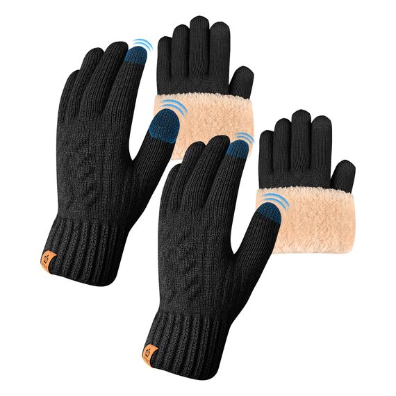 ARFNKIM Thermo-Winterhandschuhe, Fleecefutter, Touchscreen-Strick, dehnbar, warme Handschuhe zum Laufen, Radfahren, Reiten, Herren und Damen, 2 x Schwarz