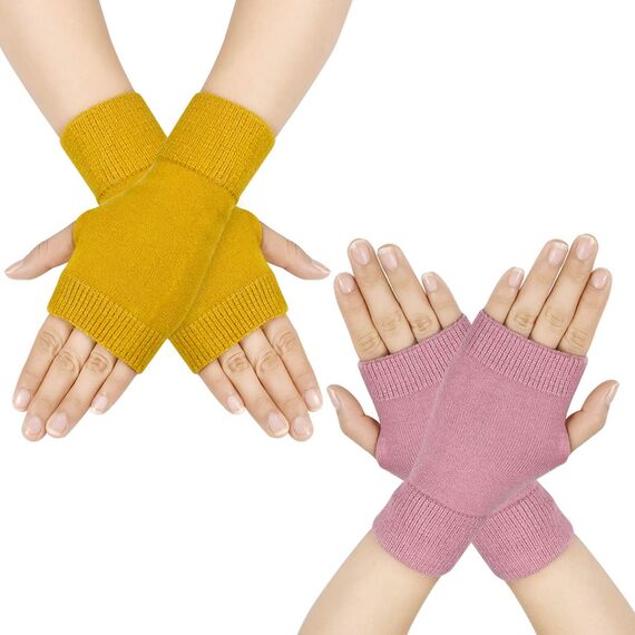 Dokpav Winter Fingerlose Fäustlinge Damen Wolle Warm Fingerhandschuhe Halb Strick Handschuhe (Gelb + Rosa)