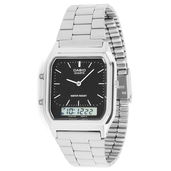 Casio Unisex Quartz Armbanduhr, 34.00mm GehäusegröÃŸe mit schwarz analog/digital Zifferblatt und Silber Metallarmband Armband AQ-230A-1DMQYES